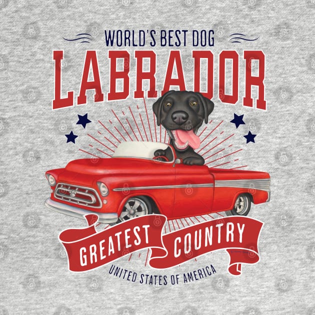 classic truck with red white and blue Black Labrador Retriever in Red Truck by Danny Gordon Art